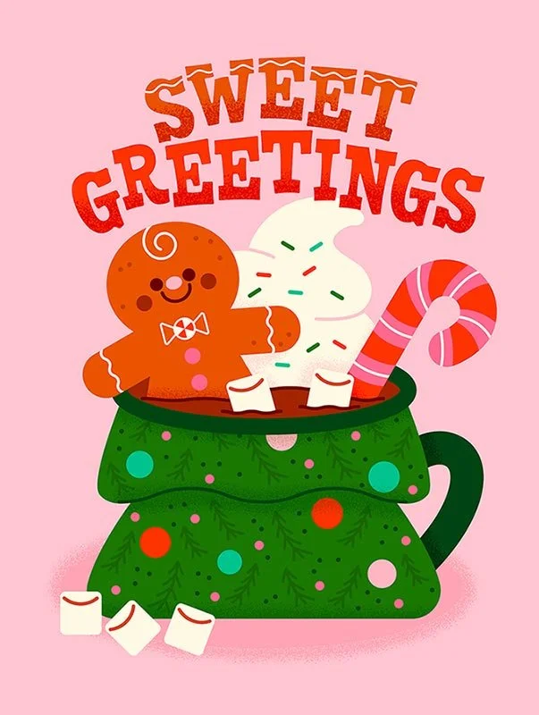 christmas tree mug filled with a gingerbread man, candy cane, and whipped cream