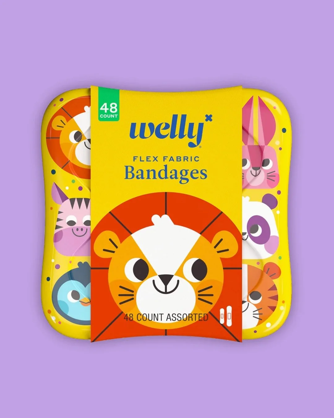 animal decorated bandage packaging on a purple background