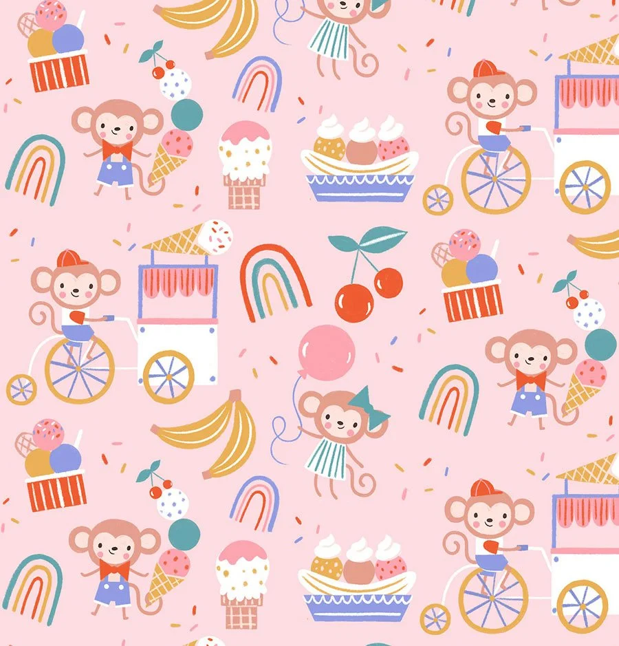 repeat pattern of monkeys and ice cream