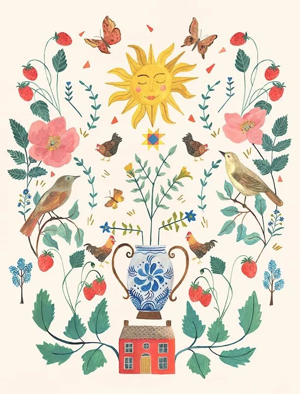 tiny red home surrounded by flowers, birds, and a sun