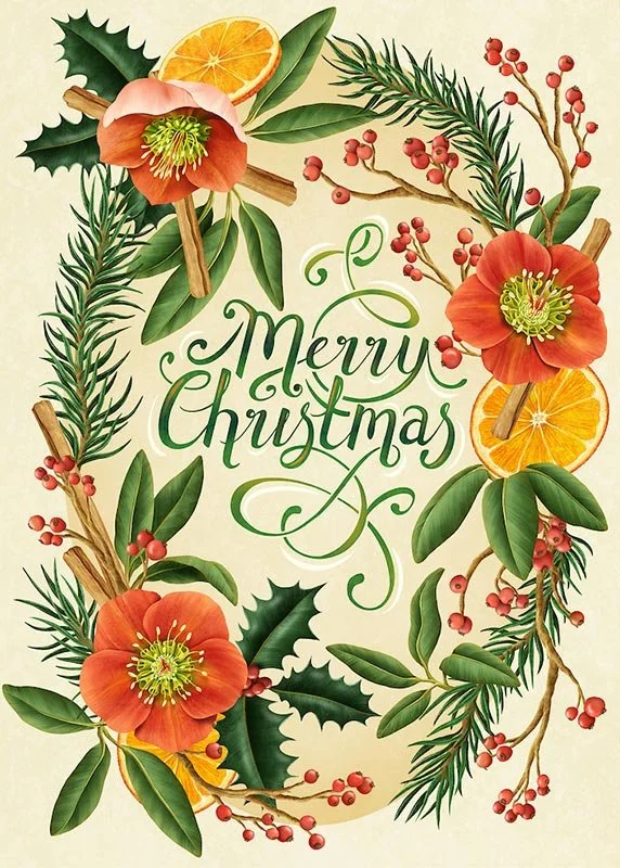christmas card with a pine and floral wreath