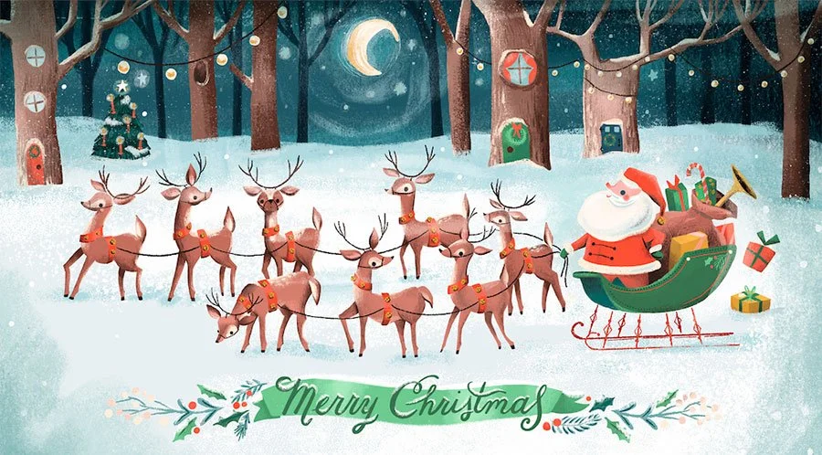 scene of santa with his reindeer in a snowy forest at night