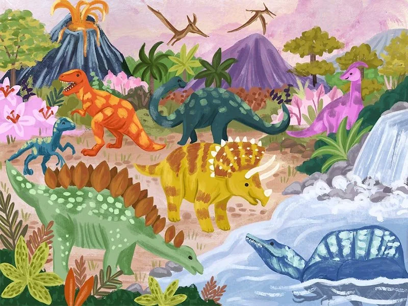 dinosaurs in front of a volcano and mountain