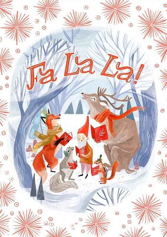 christmas card with woodland creatures singing carols