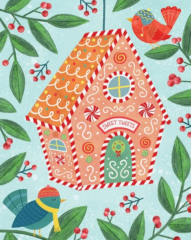 christmas greeting card of a gingerbread birdhouse