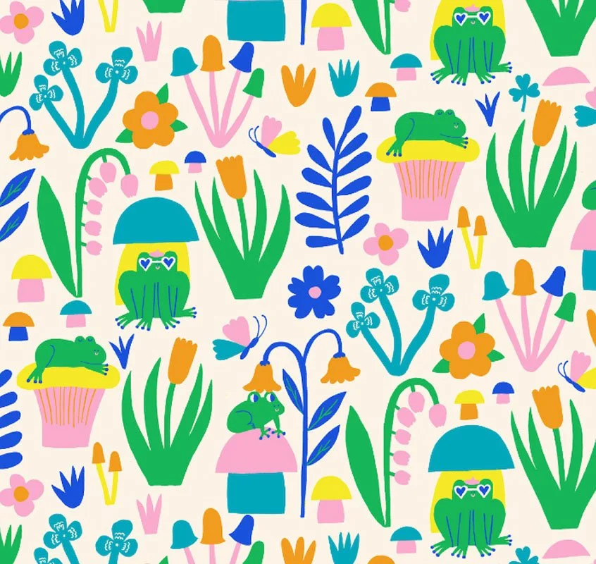 repeat pattern of flowers, mushrooms, and frogs