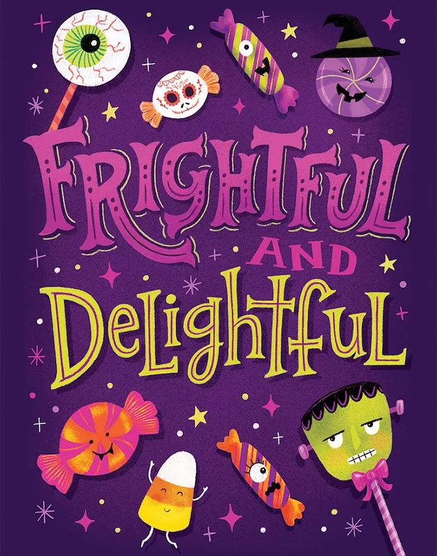 halloween greeting card with candy and words "frightful and delightful"