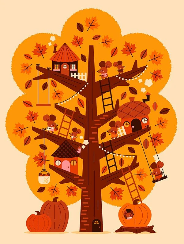 fall colored treehouse filled with cute mice