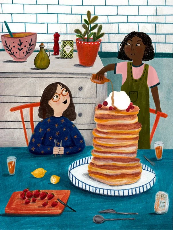 two eager girls sitting behind a massive stack of pancakes