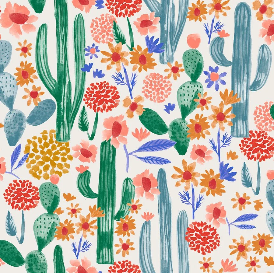 repeat pattern of catcus and flowers