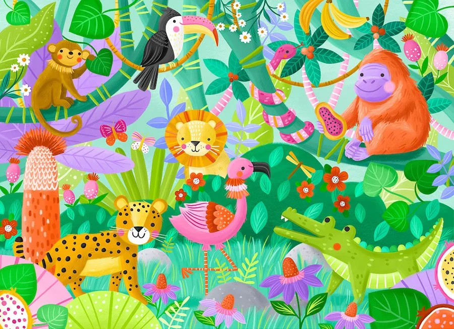 colorful jungle scene with a lion, alligator, money, toucan, leopard, and flamingo