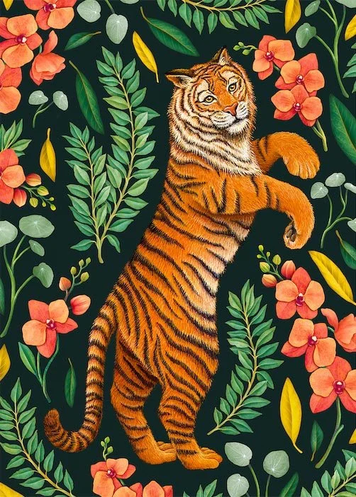 tiger on two legs surrounded by flowers
