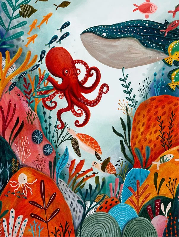 underwater sea scene featuring a whale and octopus