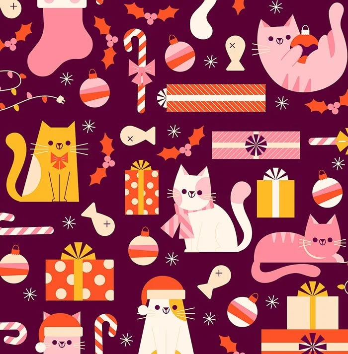 holiday repeat pattern of cats and presents