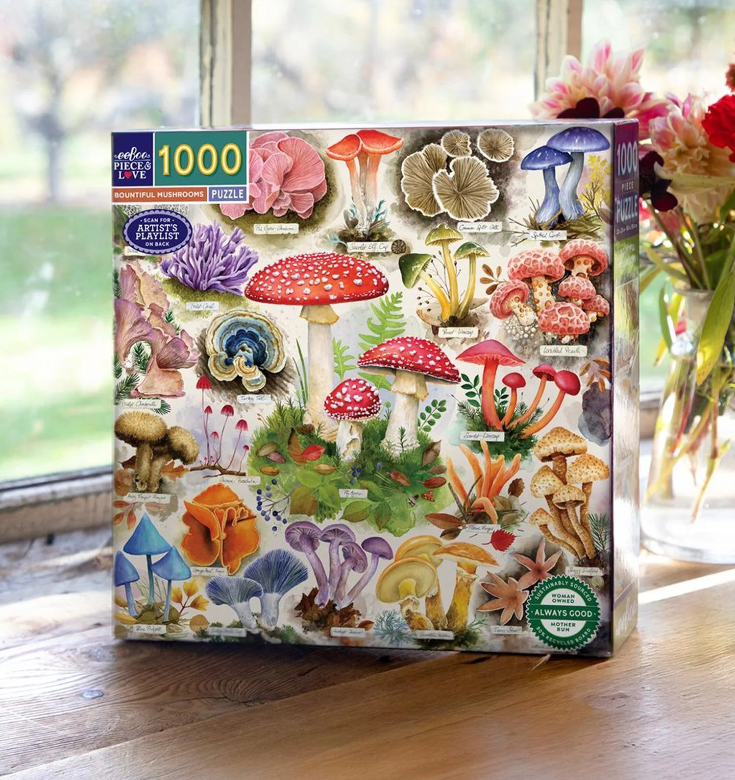 mushroom puzzle sitting on a windowsill