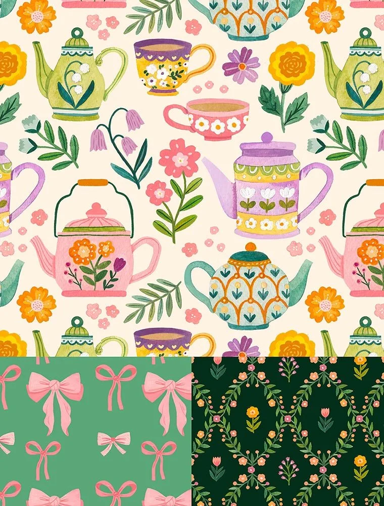 repeat pattern of decorated teapots and flowers