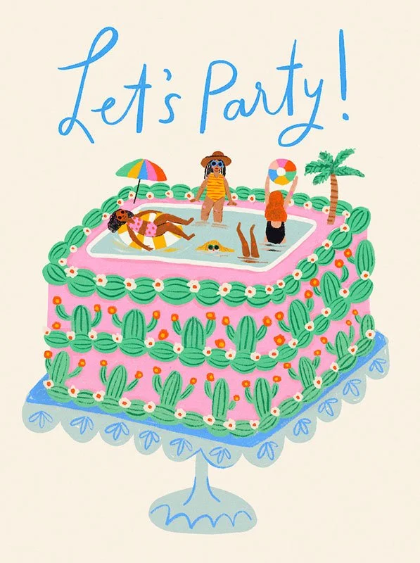 birthday card with a pool & cactus decorated cake and the words "let's party"