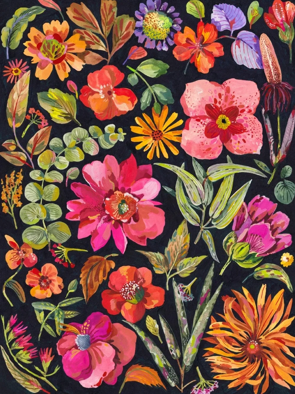 assortment of flowers sitting on a black background