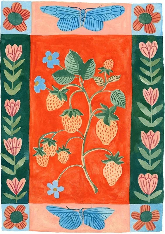 strawberry plany surrounded by flowers and butterflies