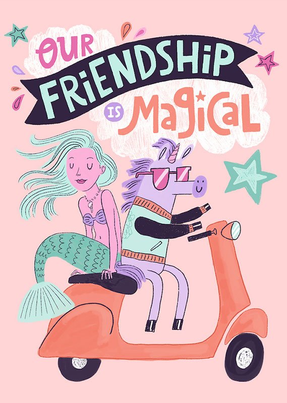 friendship card with a unicorn driving a scooter with a mermaid on the back