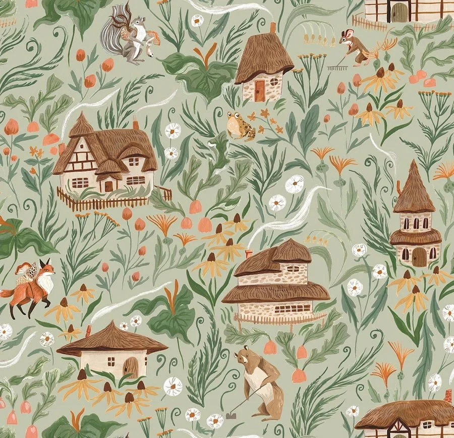 repeat pattern of woodland cottages and flowers