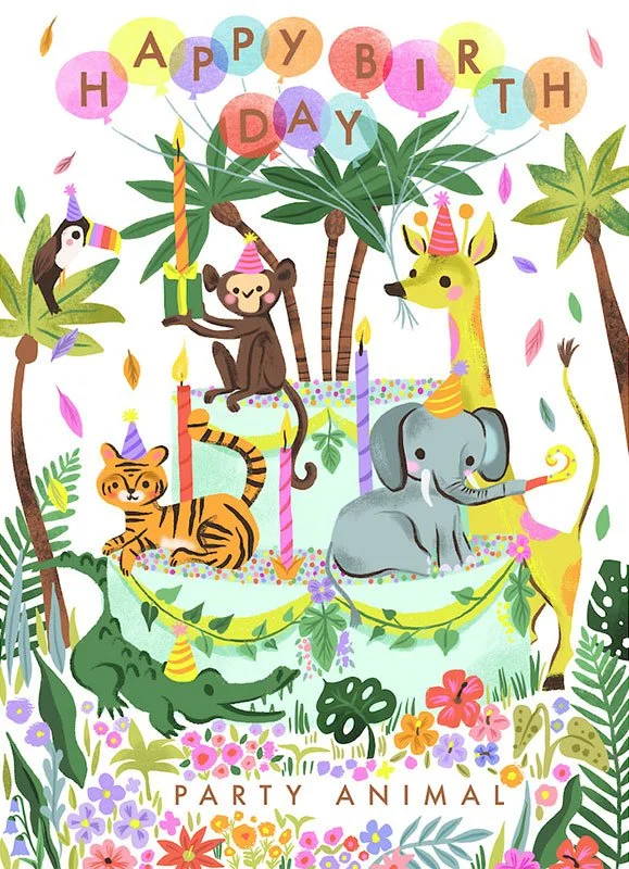 birthday card with jungle animals sitting on a cake