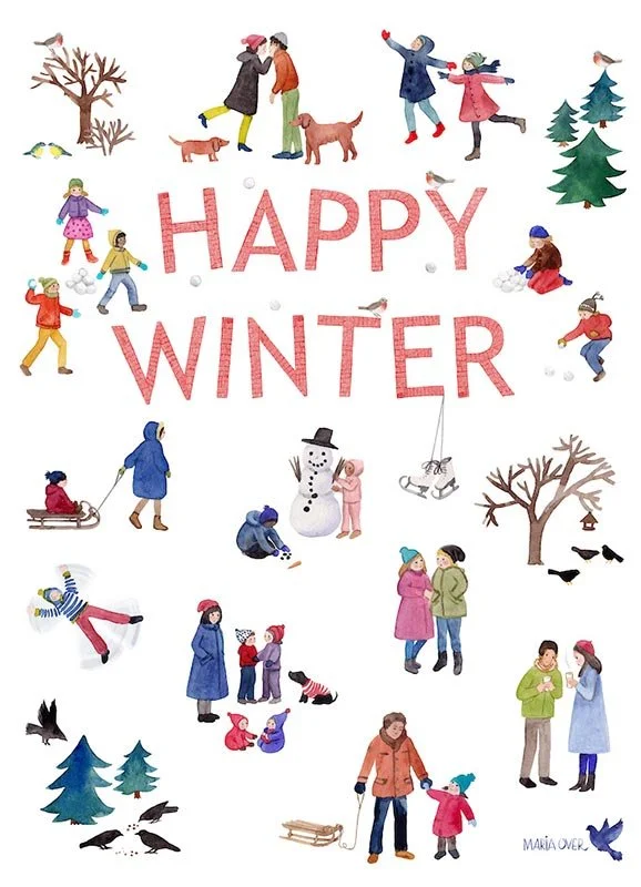 christmas card with scenes of people playing in the snow