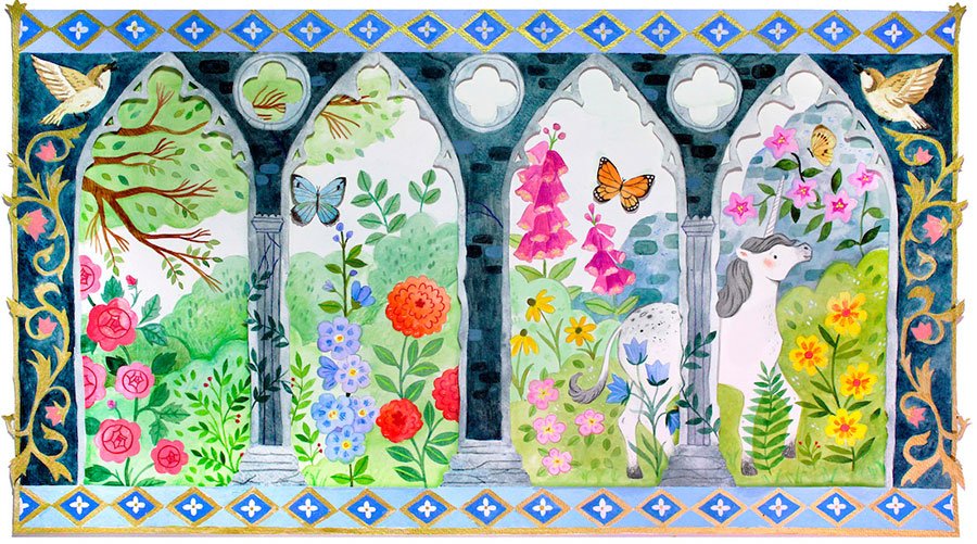 medieval doorways with a field of flowers and a unicorn beyond