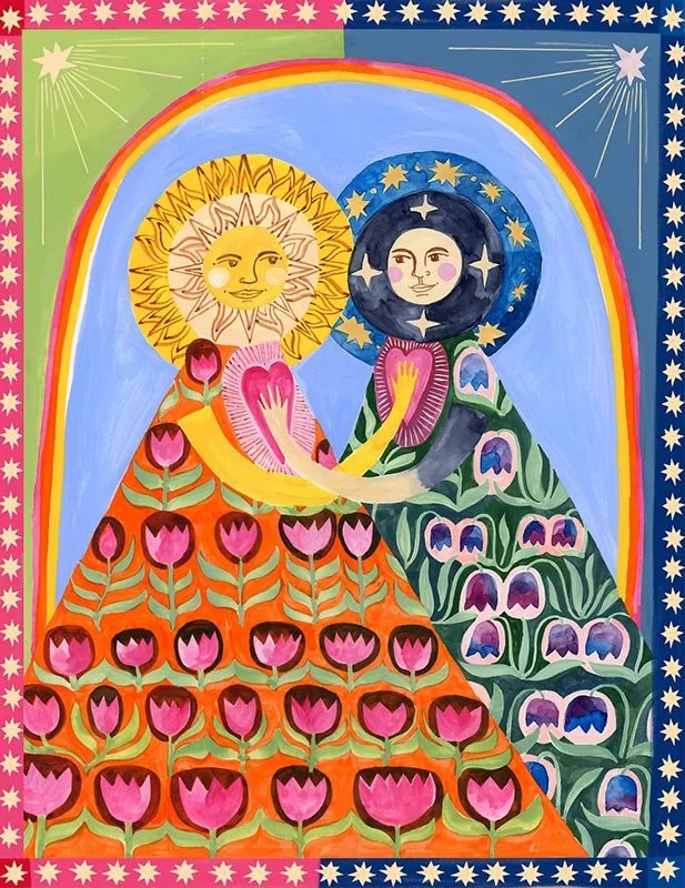 anthropomorphic depiction of the sun and moon holding each other's hearts