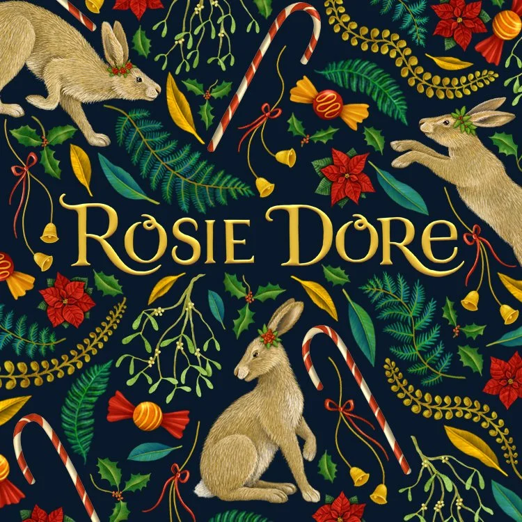 Decorative holiday background with rabbits, candy canes, poinsettia flowers, holly leaves, and bells, featuring the text 'Rosie Dore' in the center.