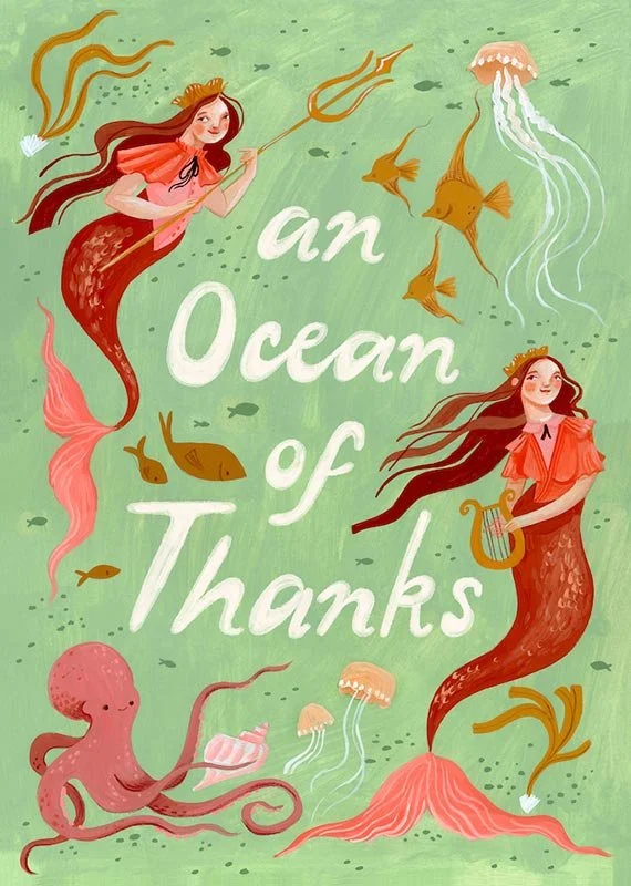 thank you card with mermaids and jellyfish