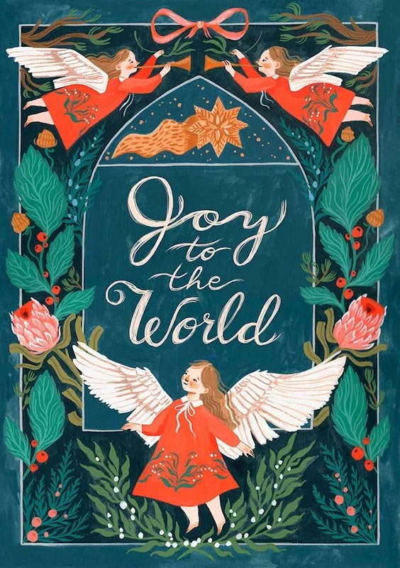 christmas card with young angels and the words "joy to the world"