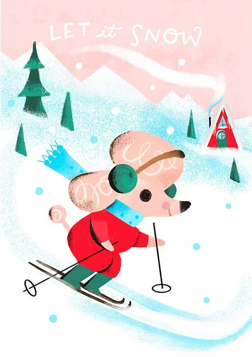 poodle on skis coming down a snowy mountain
