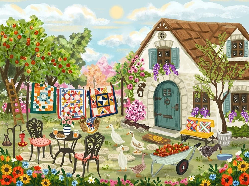 landscape illustration of a cottage with quilts hanging on a dry line