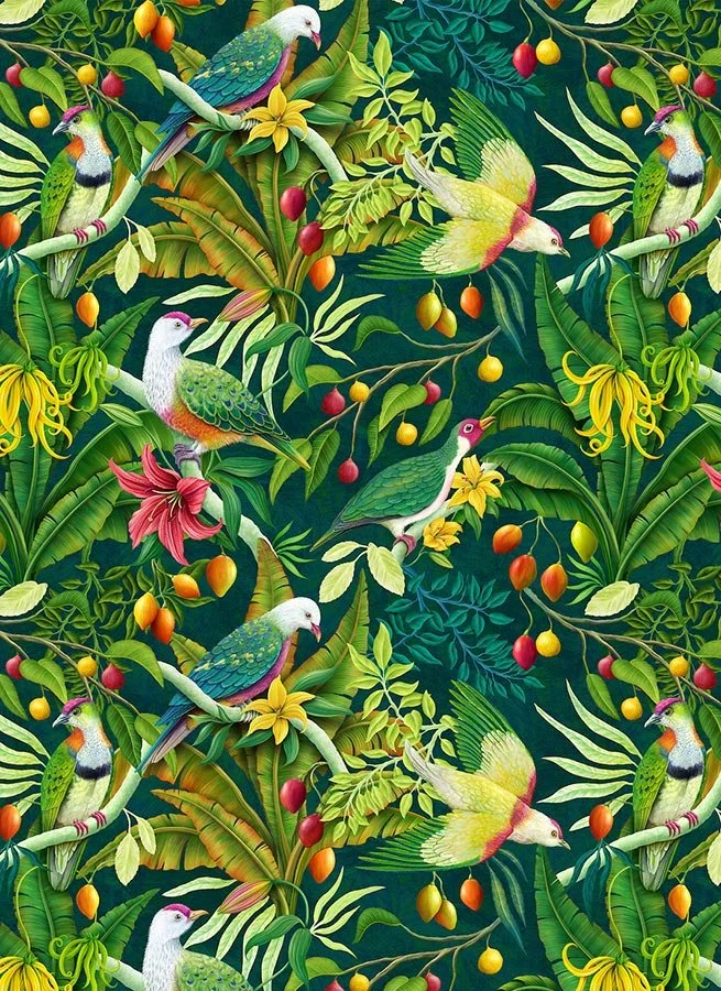 repeat pattern with fruit doves and tropical plants