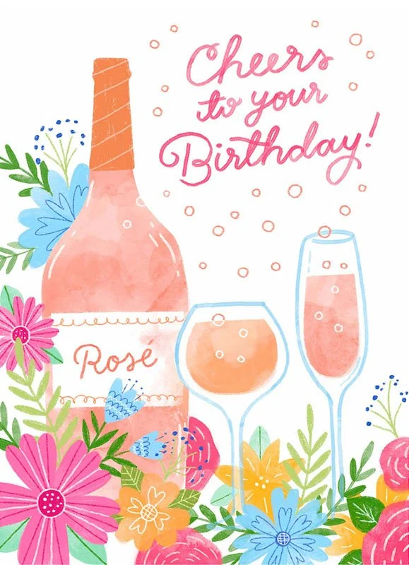 birthday card with rose wine
