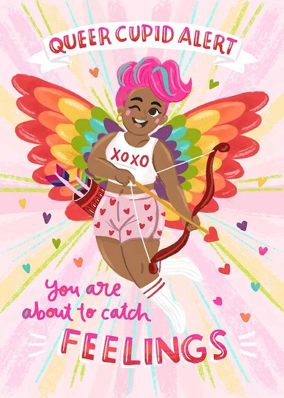 Pride themed valentines card with a BIPOC cupid with rainbow wings