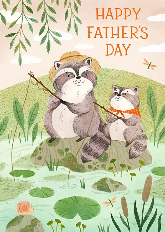 fathers day card of two raccoons fishing