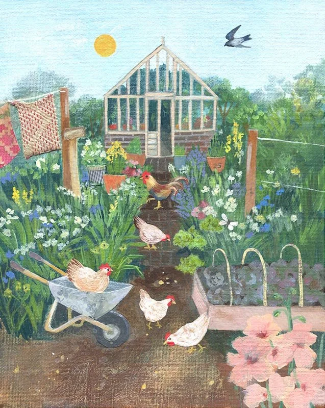 garden farm scene with raised beds and a greenhouse