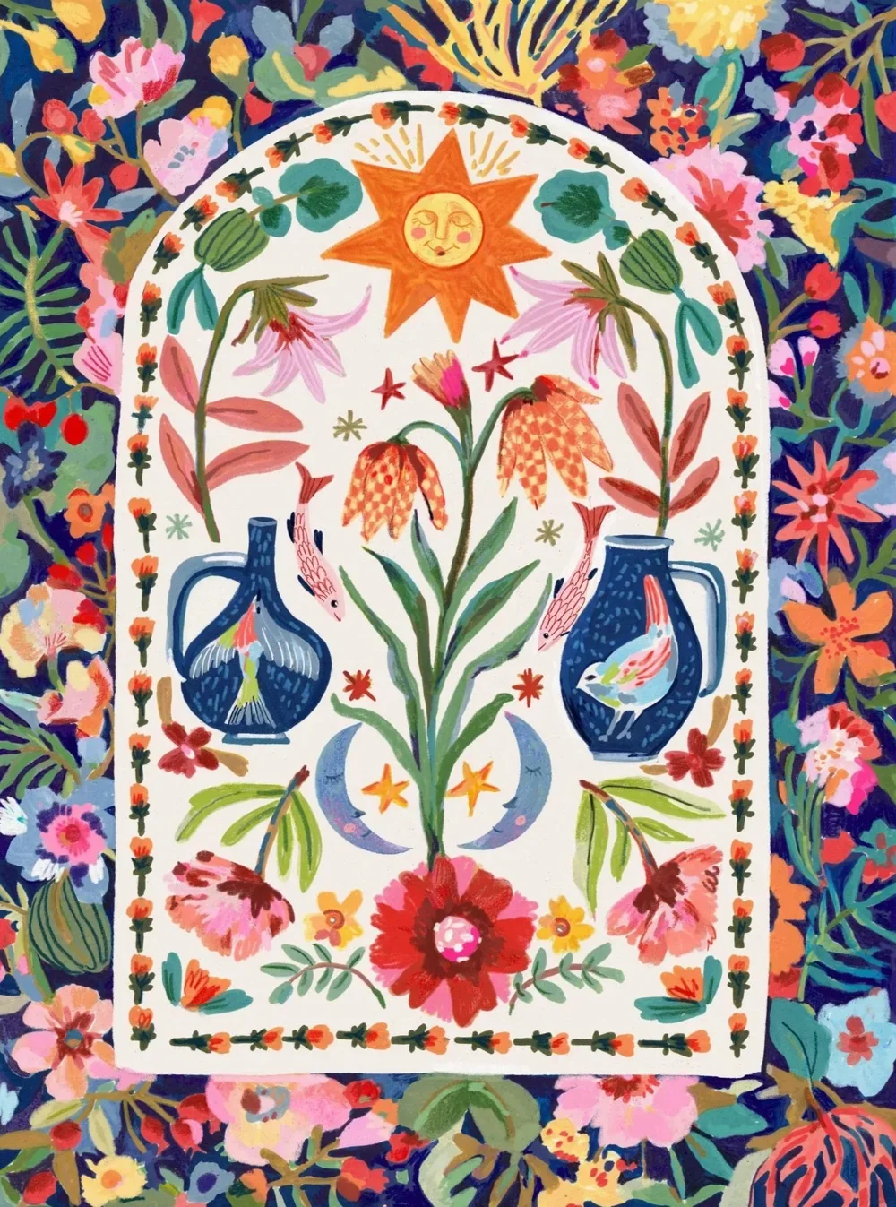assortment of blooms in a frame surrounded by colorful florals