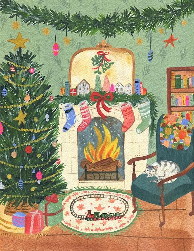 christmas scene of a fireplace with a christmas tree and cat asleep on a chair