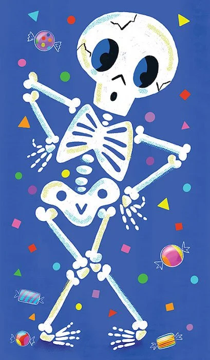 halloween skeleton dancing around confetti and candy