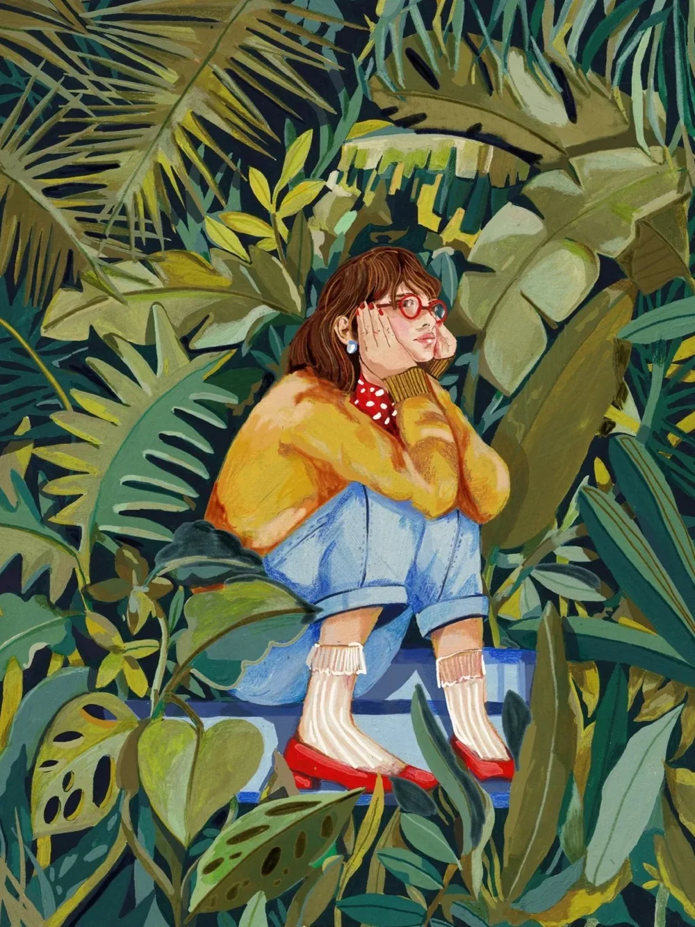 girl sitting with her elbows on her knees surrounded by tropical plants