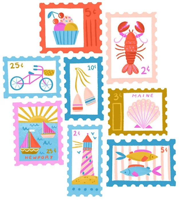 collection of stamps with beach themed illustrations