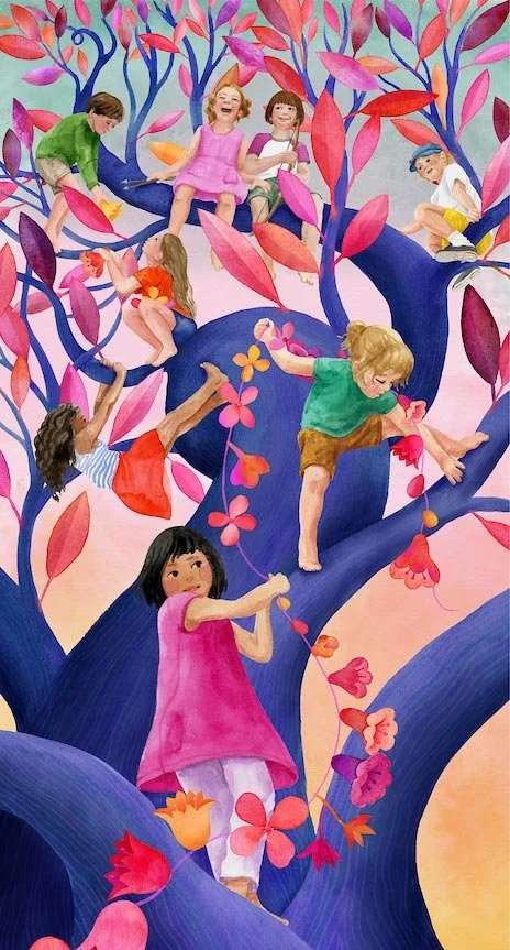 children climbing and playing on a indigo colored tree