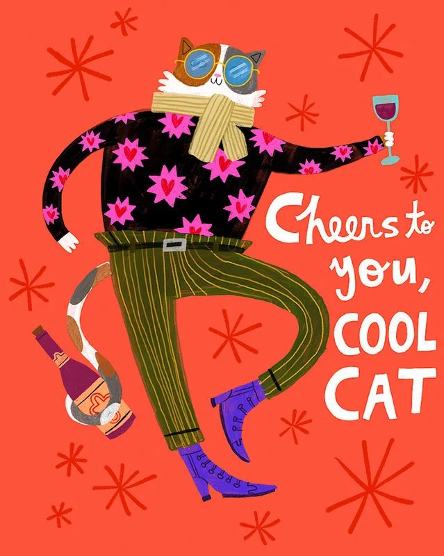 birthday card with anthropomorphic cat holding a wine glass