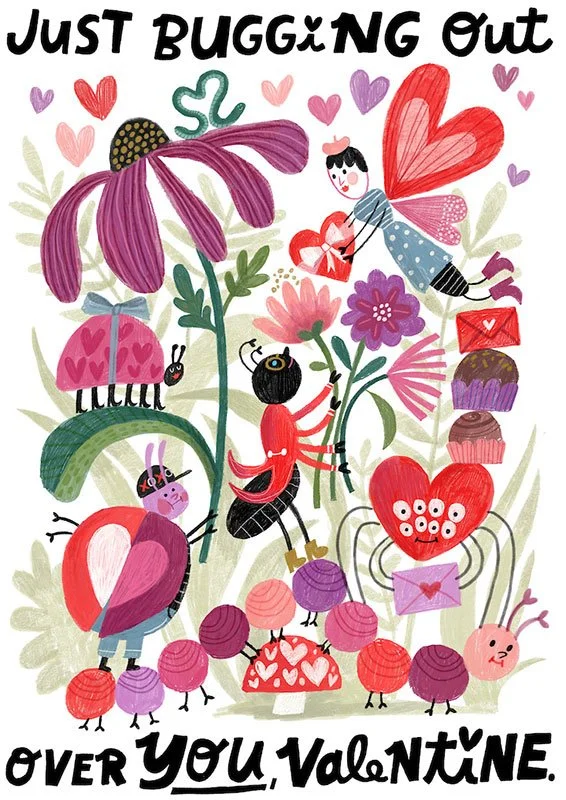 valentine card of flowers and funny bugs