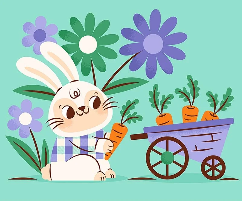 rabbit in front of daisies pushing a wheelbarrow filled with carrots