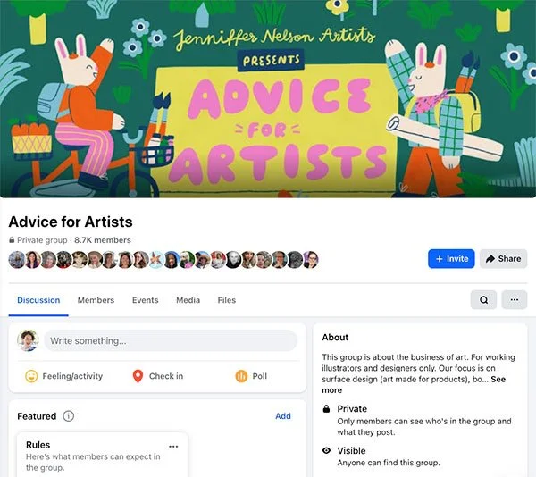 screenshot of Advice for Artists Facebook Group page