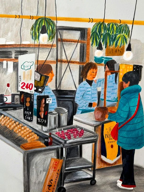 Tokyo market scene with a woman checking out